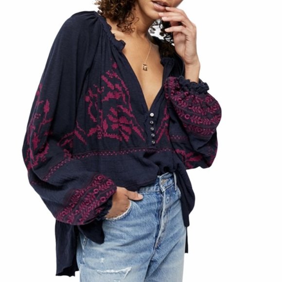 Free People Tops - Free People Persuasion Embroidered Long Sleeve Peasant Blouse - Navy Blue - XS